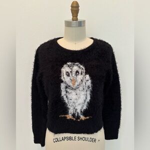 MINKPINK M Black & Cream Soft Eyelash Yarn Cozy Cropped Knit Hootie Owl Sweater